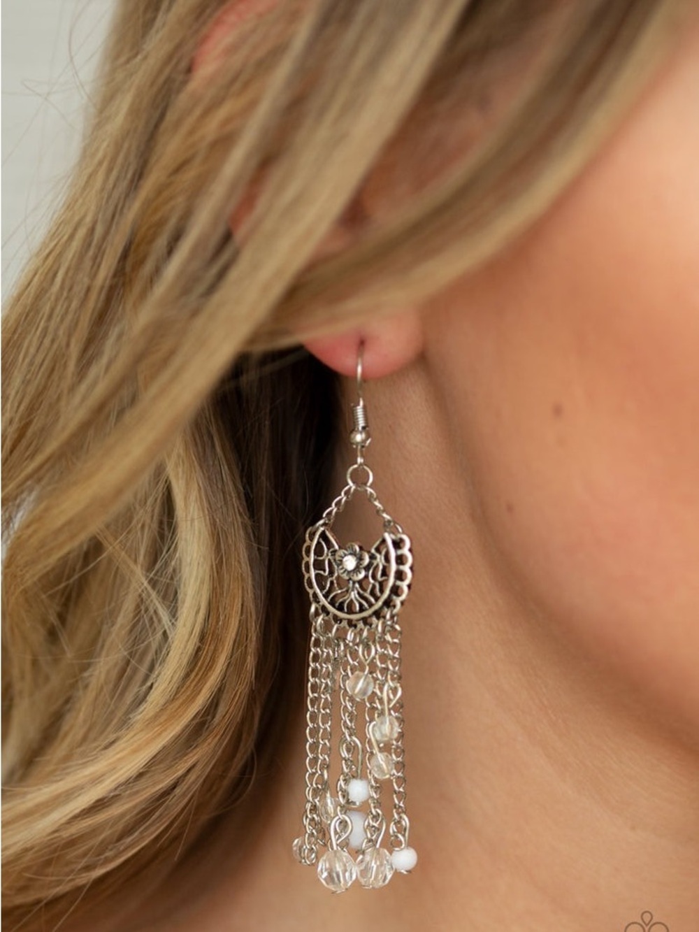 Silver Filigree Dangle Earrings with Bead Tassels - Silver